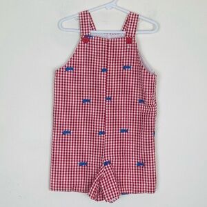 Kelly’s Kids red & white gingham seersucker shortall w/ blue fish embroidery. 4